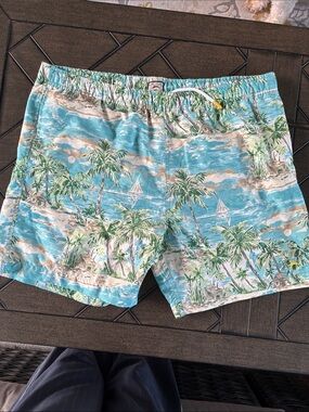Vintage Joe Marlin Tropical Island Print Swim Trunks Men's XL Blue Hawaiian